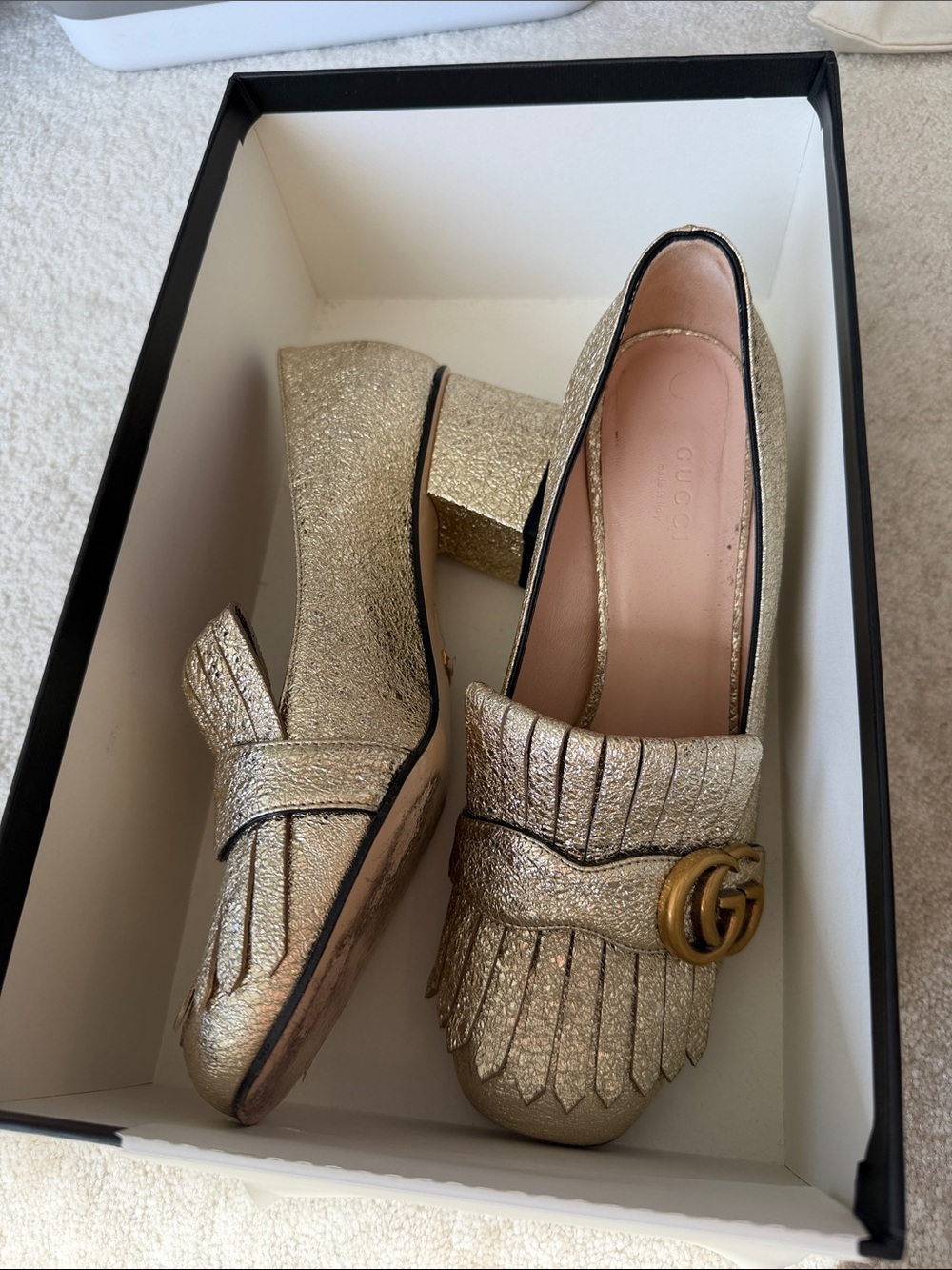 Gucci Metallic Gold Fringe Block Heel Loafers